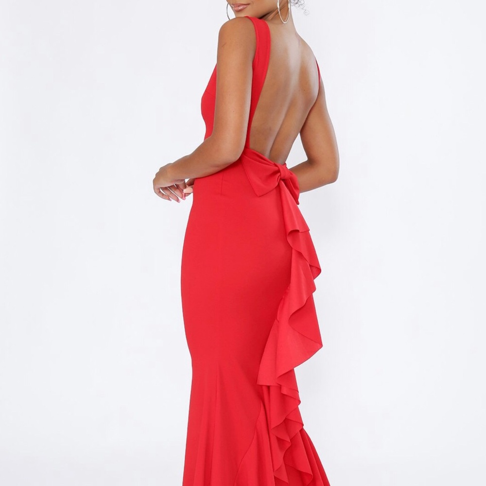 Red Open Back Ruffle Long Dress